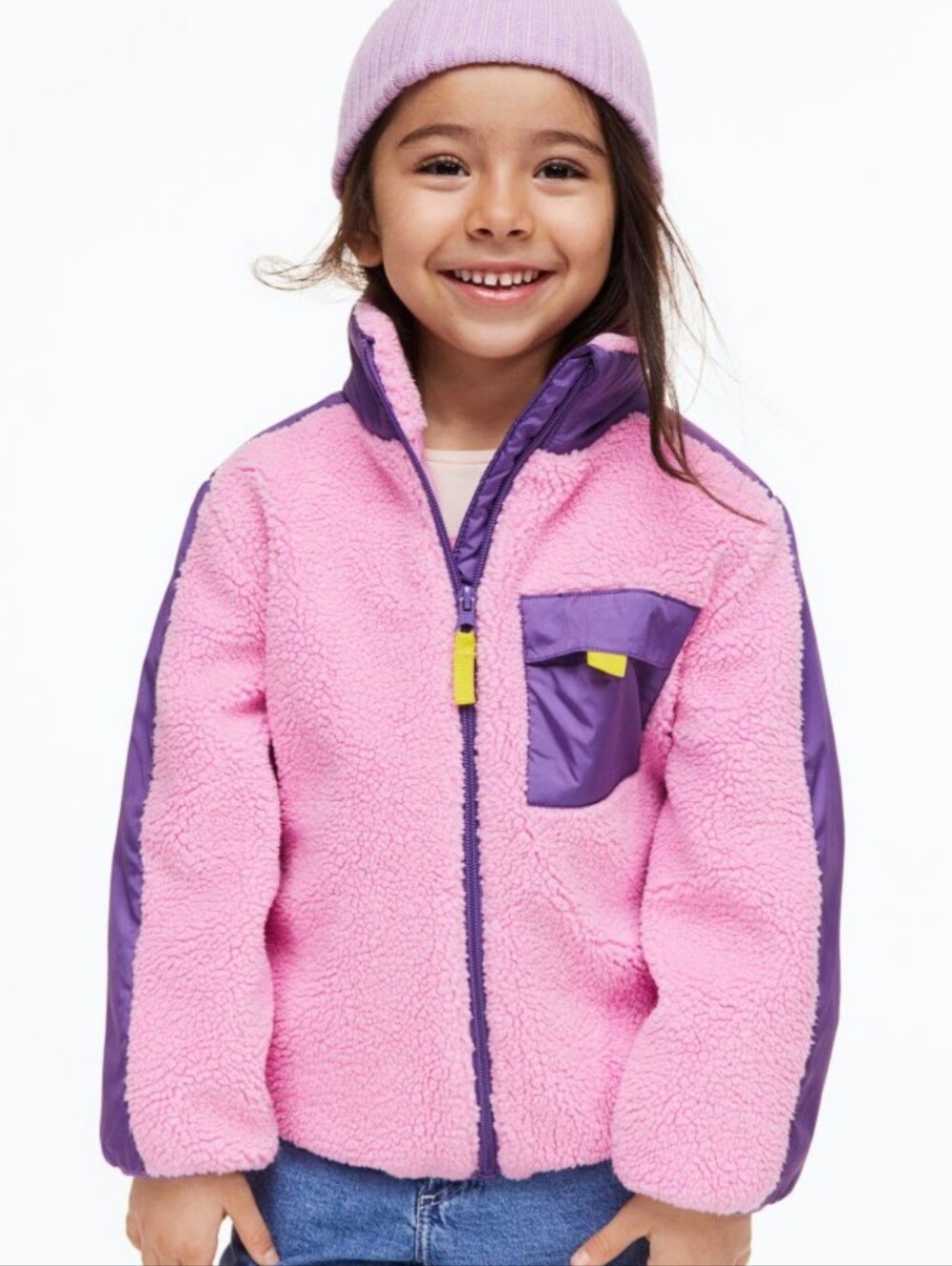 H&M Pink Sherpa Jacket with Purple Trim 3-4T